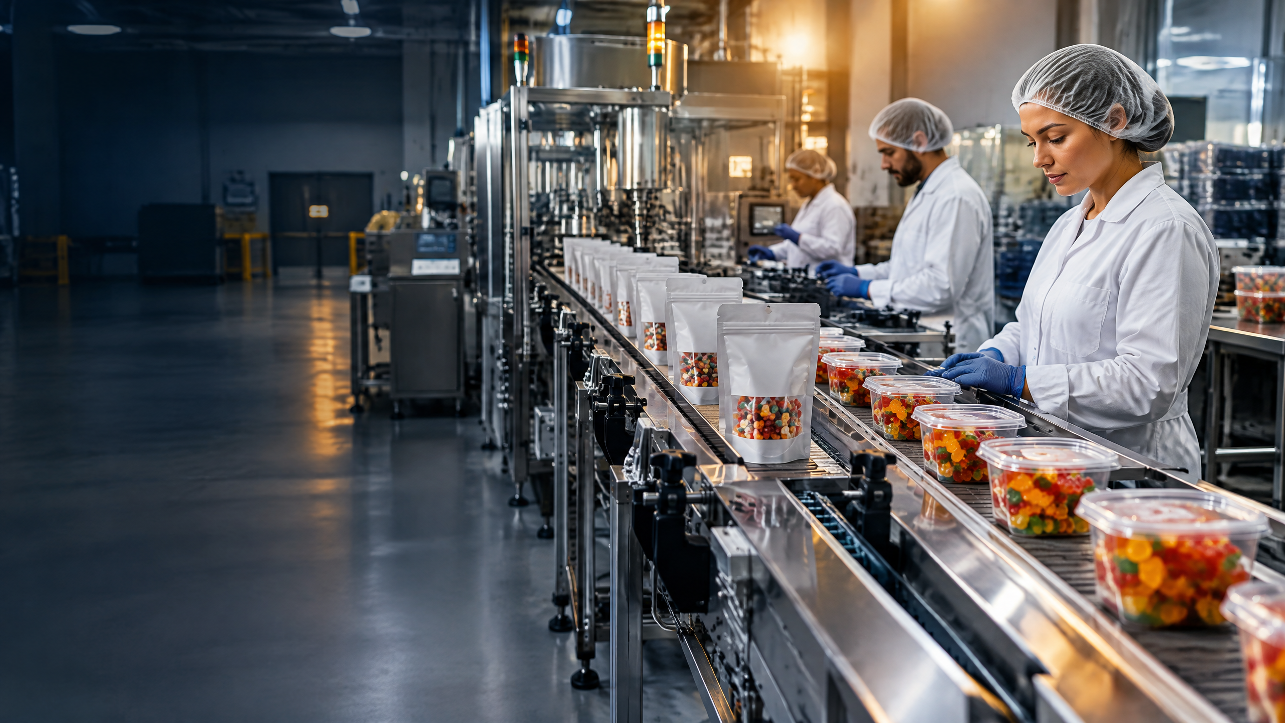 Illustrative placeholder image of a clean candy packaging line with production operators monitoring pouches and tubs