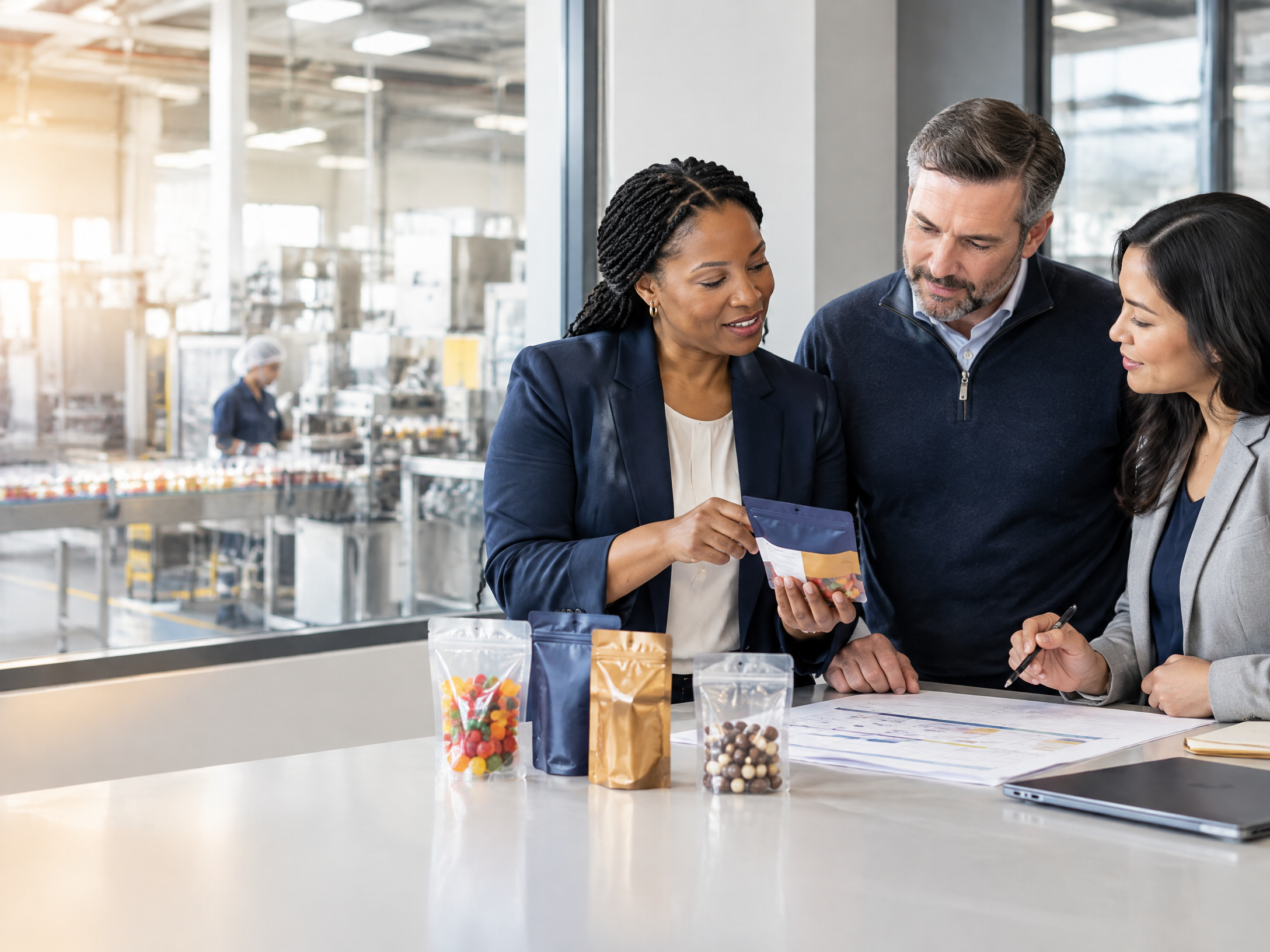 Illustrative placeholder image of business leaders reviewing candy packaging samples and production plans